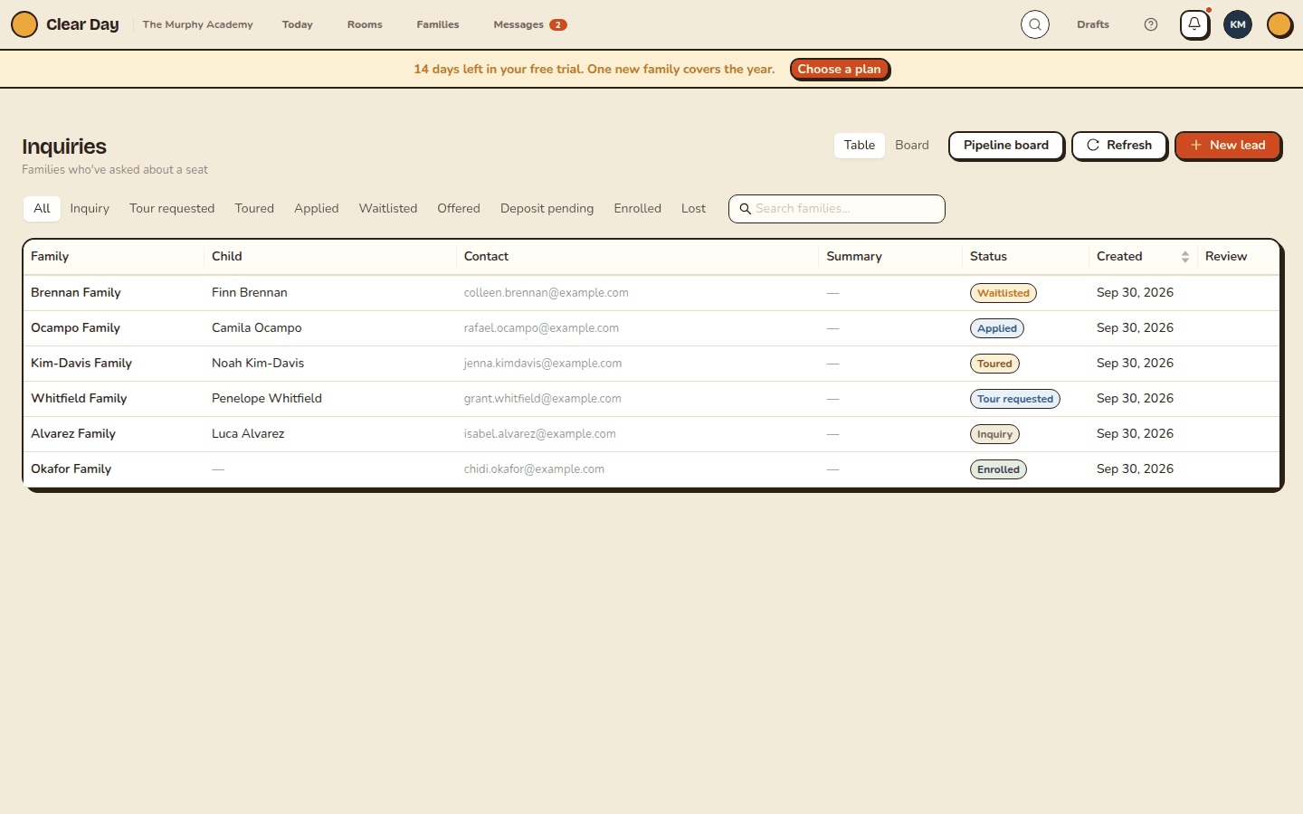Inquiries list with families from inquiry to enrolled