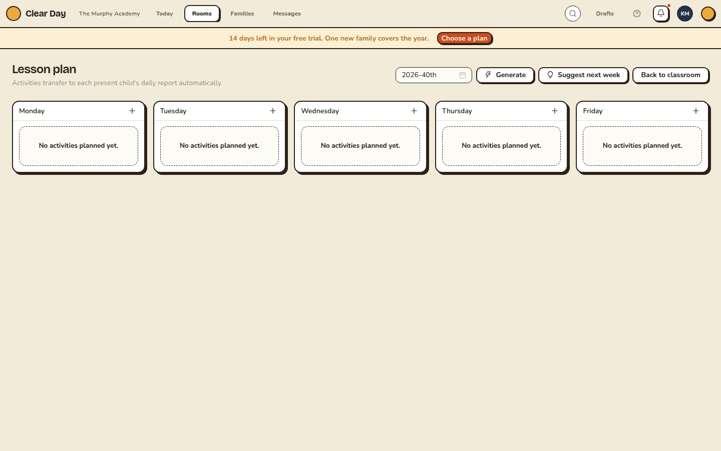 Weekly lesson plan grid with Generate and Suggest next week