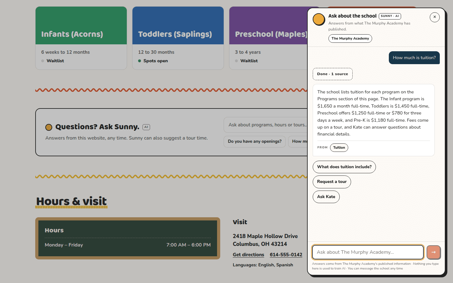 Ask sheet on the school's public website answering how much tuition is