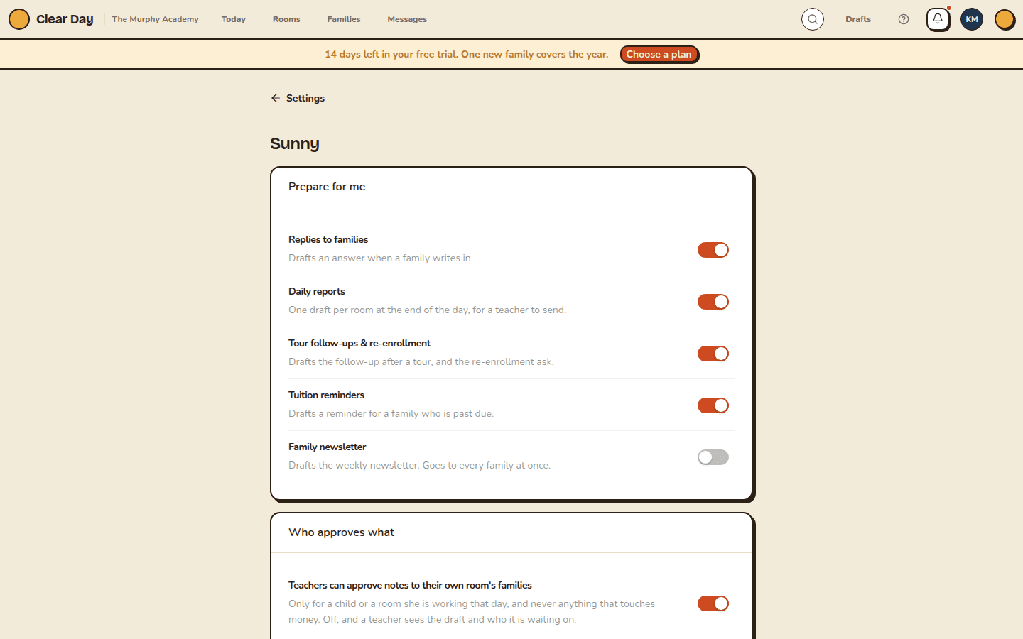 Sunny settings with Prepare for me toggles and Family newsletter off