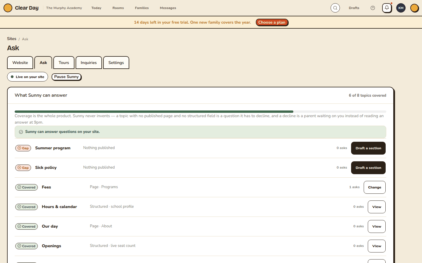 Ask tab showing what Sunny can answer, with gaps and covered topics