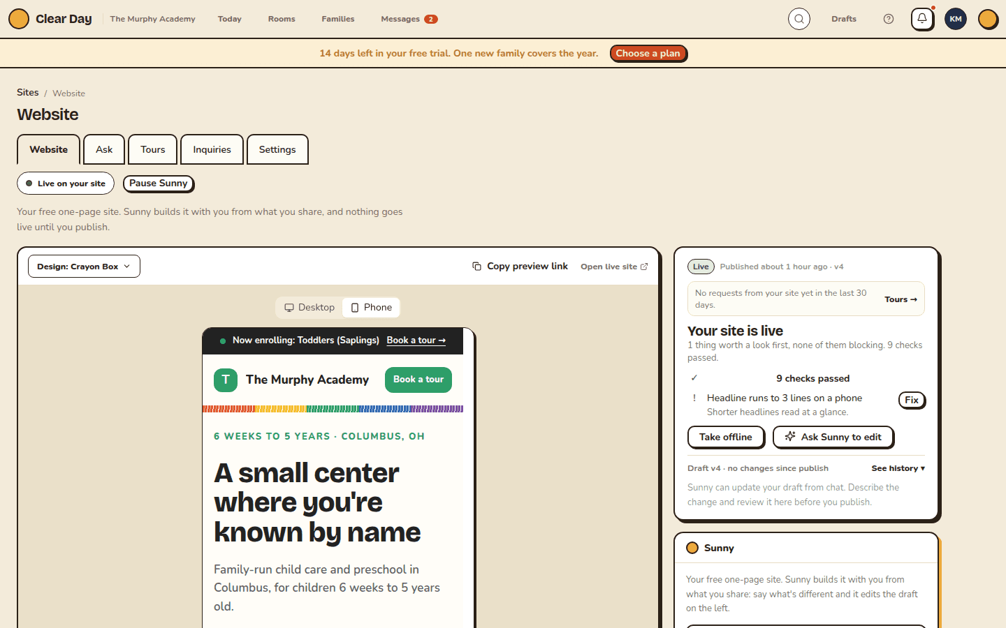 Website builder with the draft preview on the left and the publish card and Sunny chat on the right
