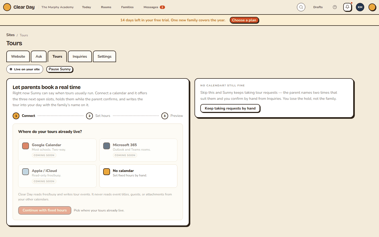 Tours tab: connect a calendar or set fixed tour hours