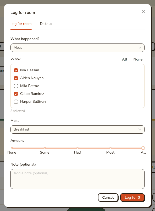 Log for room dialog with Meal selected and three children checked