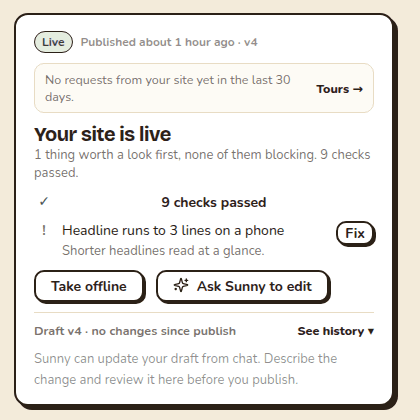 Publish card showing the site is live, checks passed and one suggestion to fix